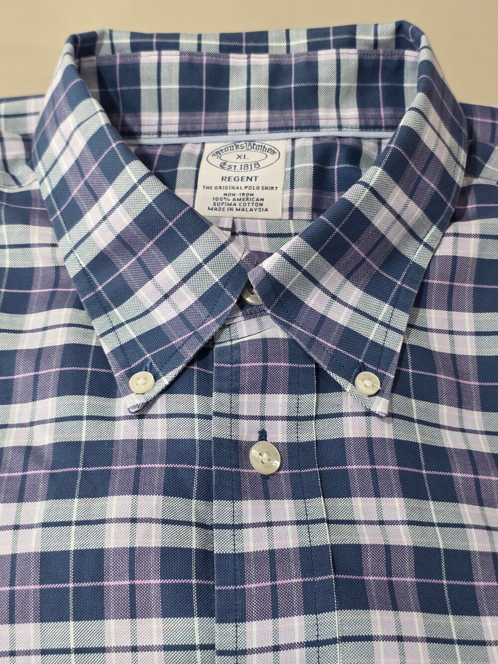 Brooks Brothers Regent purple blue plaid cotton long sleeve button down shirt Xl
